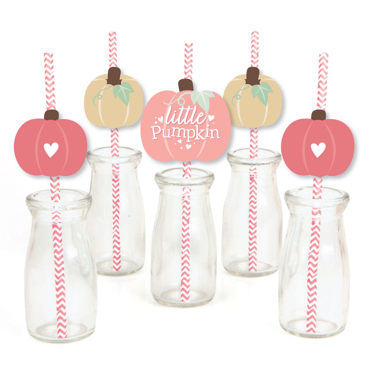 Big Dot of Happiness Girl Little Pumpkin - Paper Straw Decor - Fall Birthday Party or Baby Shower Striped Decorative Straws - Set of 24